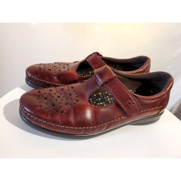 SAS Willow Cutout Leather Walnut Mary Jane Moccasin T-Strap Loafers Womens 8.5N - Picture 1 of 9